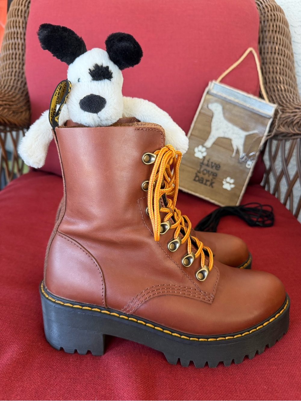 Dr. Martens LEONA Brown Leather Lace-Up Platform Boots - Picture 3 of 11